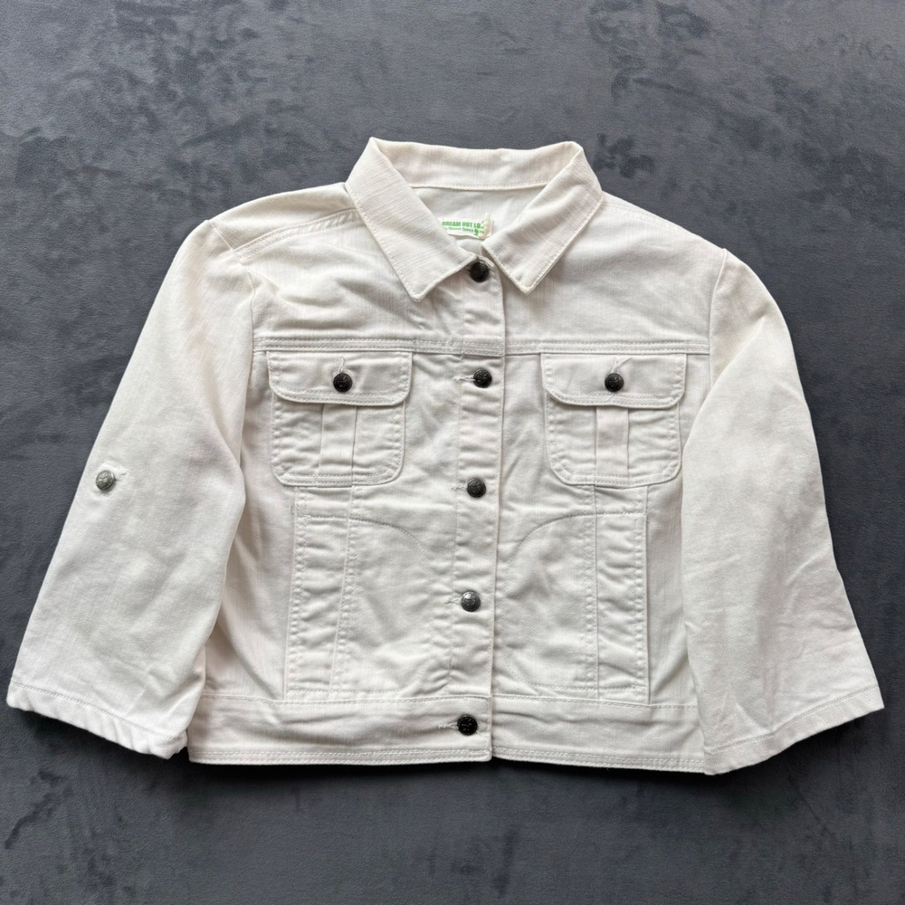 Dream Out Loud Selena Gomez White Denim Trucker Jacket Cropped Roll Tab Sleeve L